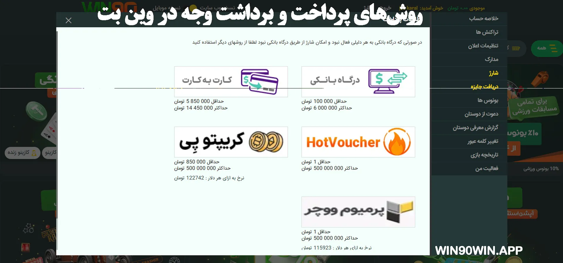 روشهای پرداخت و برداشت وجه در وین بت